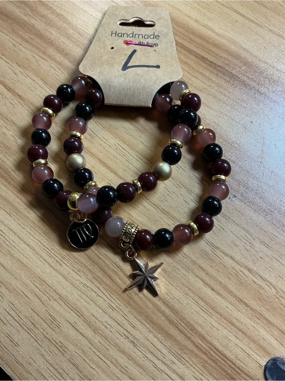 Handmade Women's Beaded Bracelet Set in Burgundy, Black & Gold Charm